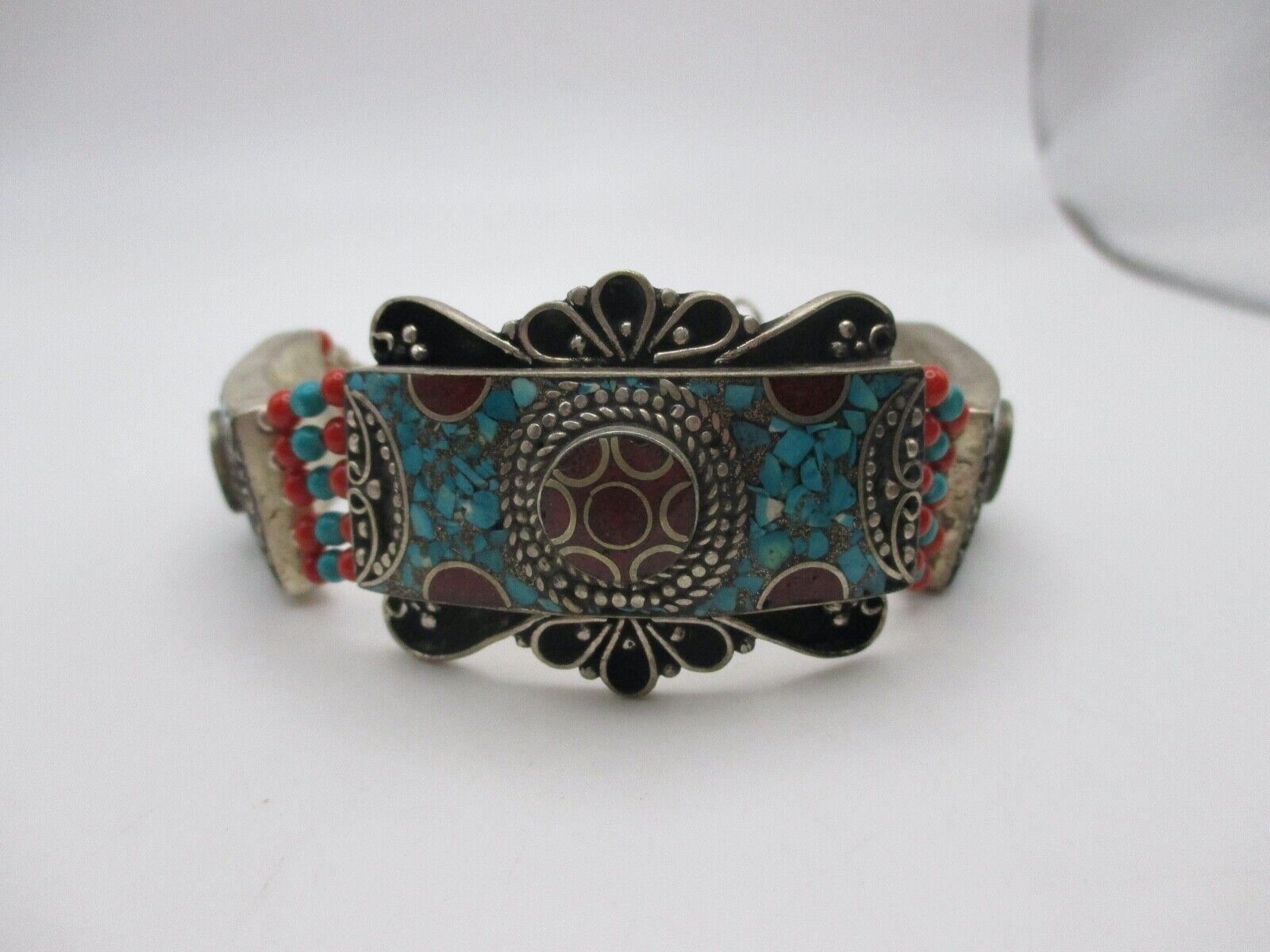 VINTAGE TIBETAN TURQUOISE & CORAL Mosaic Cuff Bra… - image 3