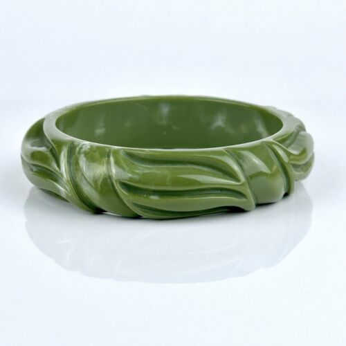 Vintage Spinach Green Carved Plastic Bangle Brace… - image 1