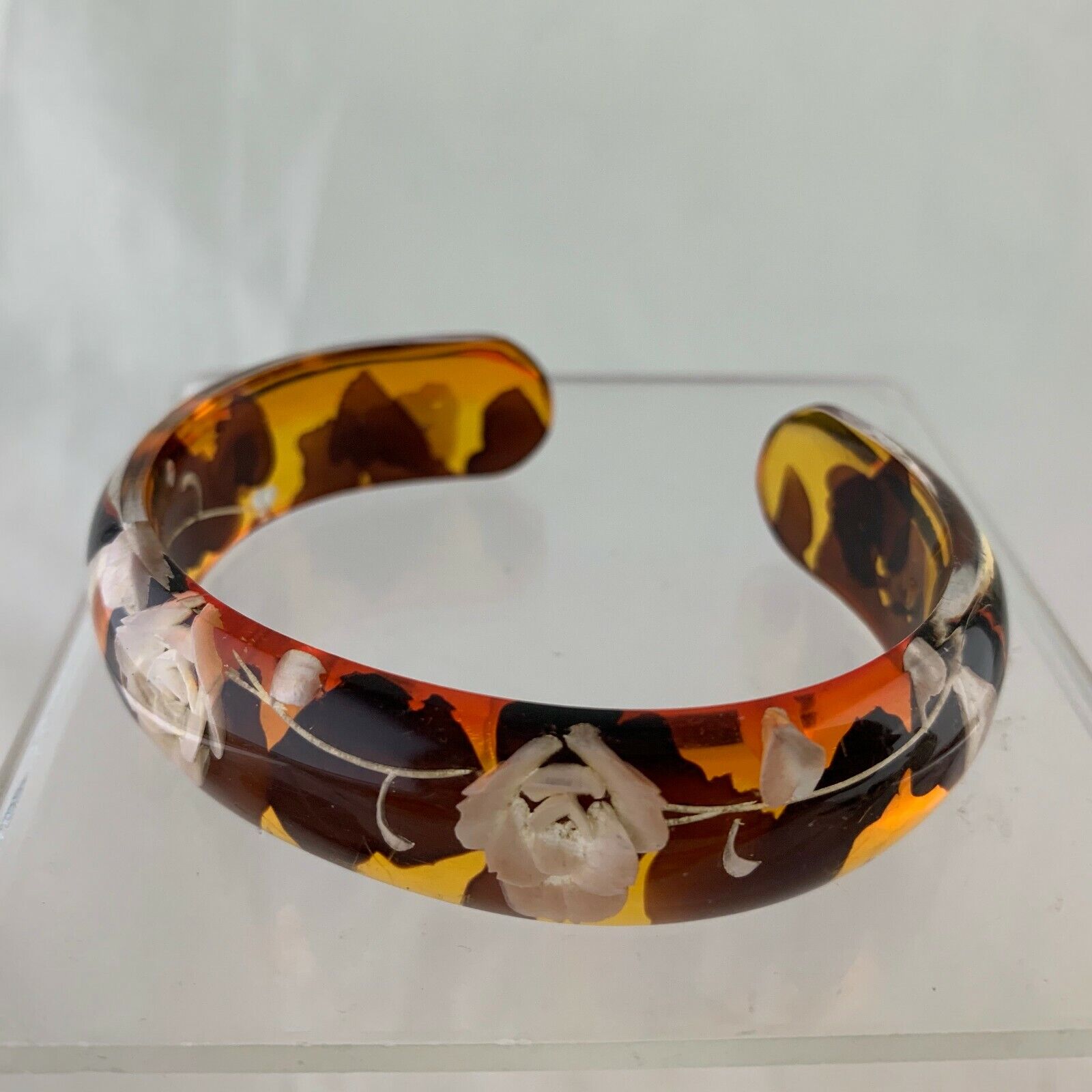 VINTAGE CELLULOID AMBER CARVED ROSE FLOWER CUFF B… - image 5