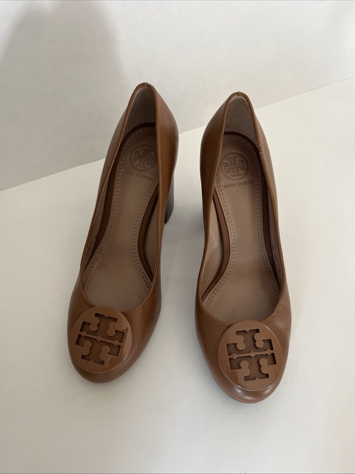 Tory Burch Block Heel Pumps 5.5M Janey Brown Leat… - image 2