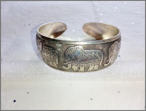 Vintage Silver Tone Embossed Tibetan Elephant Wid… - image 1