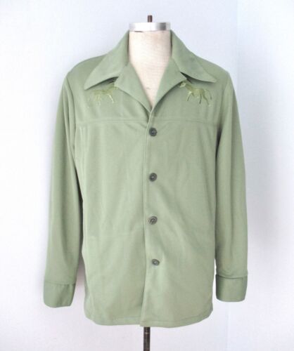 Vtg 70s sage green poly knit leisure jacket embro… - image 1