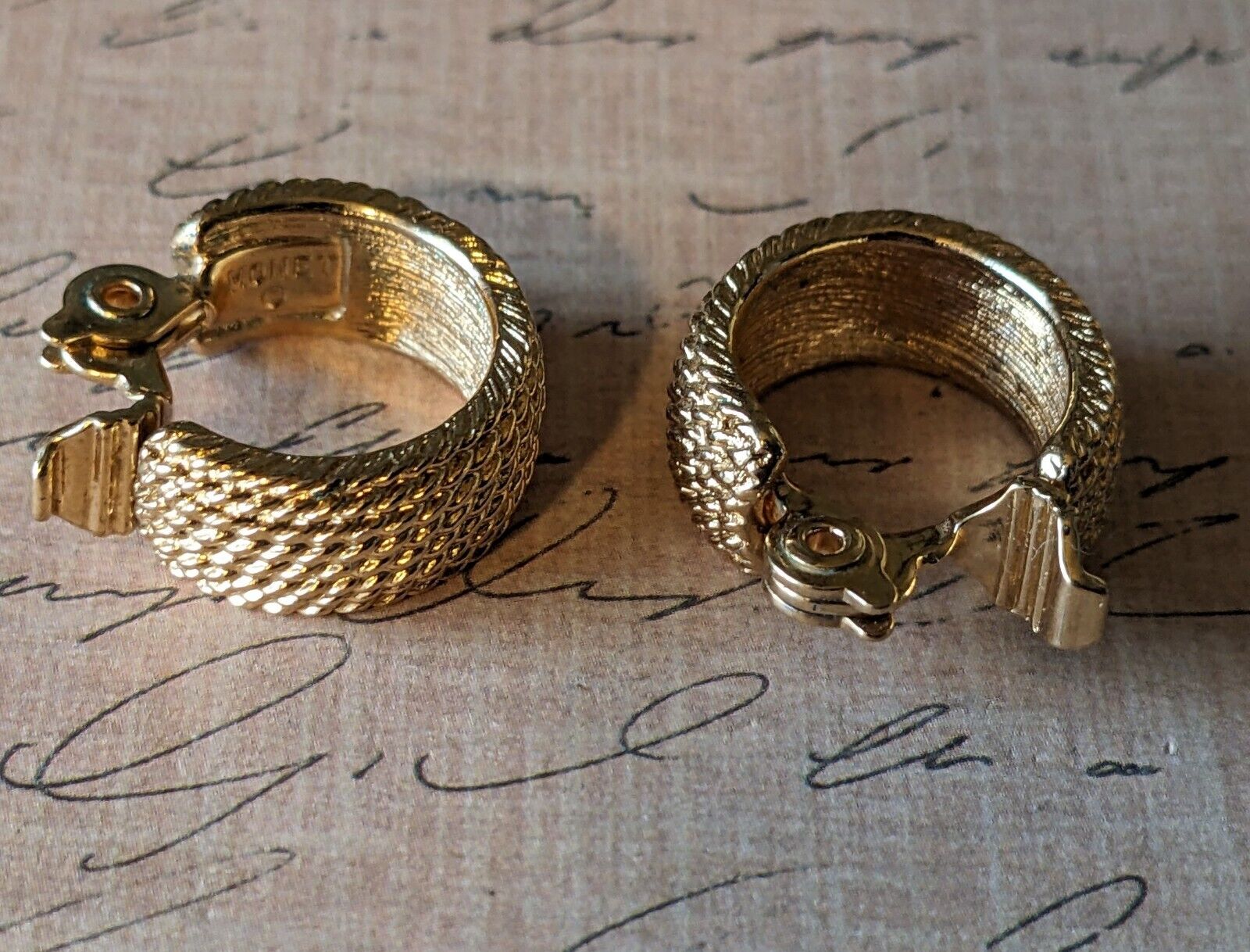 Vintage Monet Gold Tone Textured Hoop Clip on Ear… - image 3