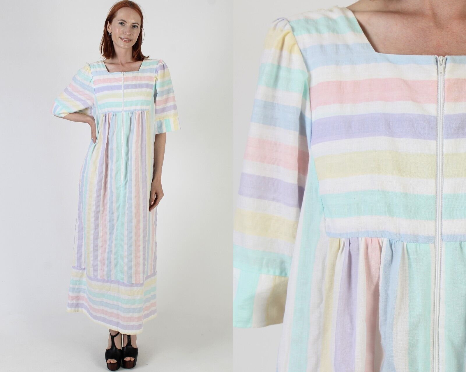 Vtg Zip Up Lounge Bell Slv Caftan Rainbow Pastel … - image 1