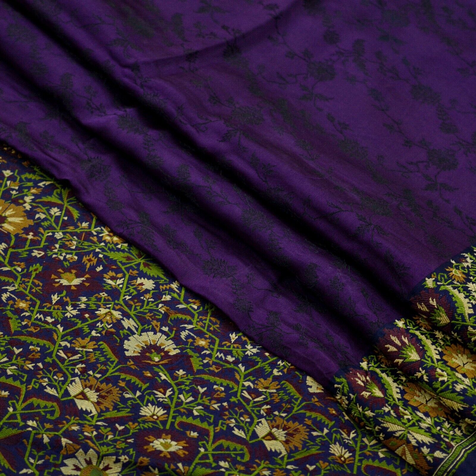 Vintage Heavy Sari Purple & Blue Pure Satin Silk … - image 4