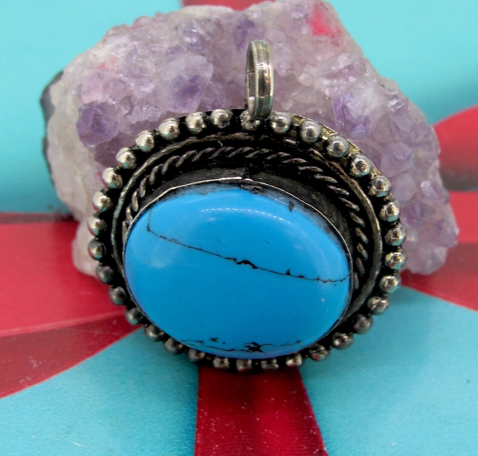 Vintage Sterling Silver Blue Turquoise Stone Pend… - image 3