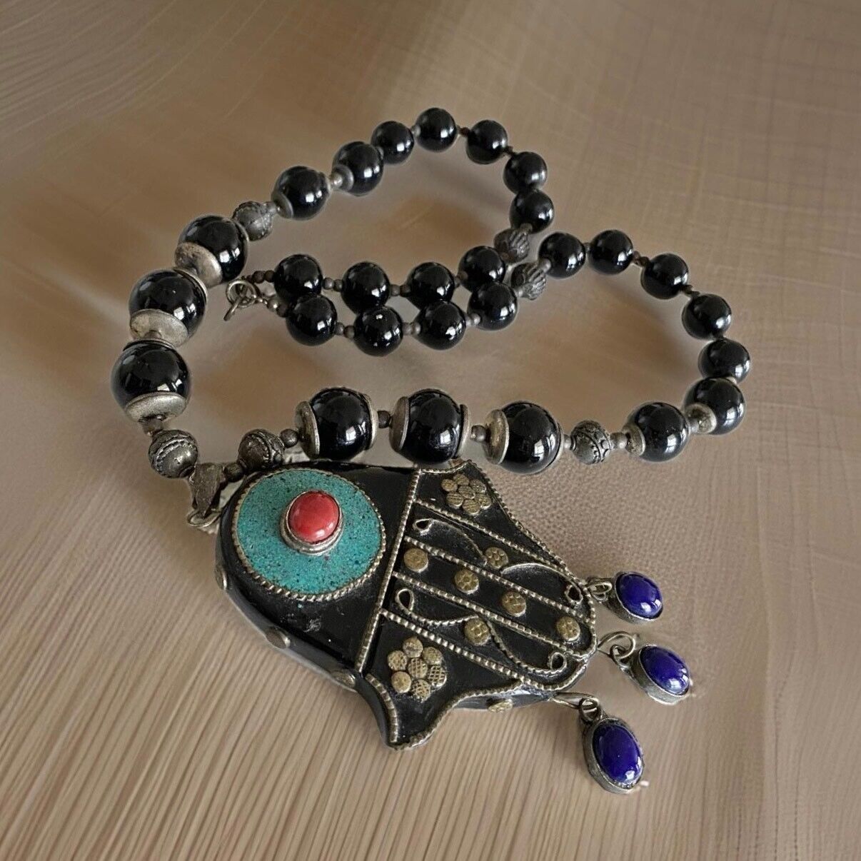 Vintage Nepal Tibetan Necklace Black Agate Ethnic… - image 2