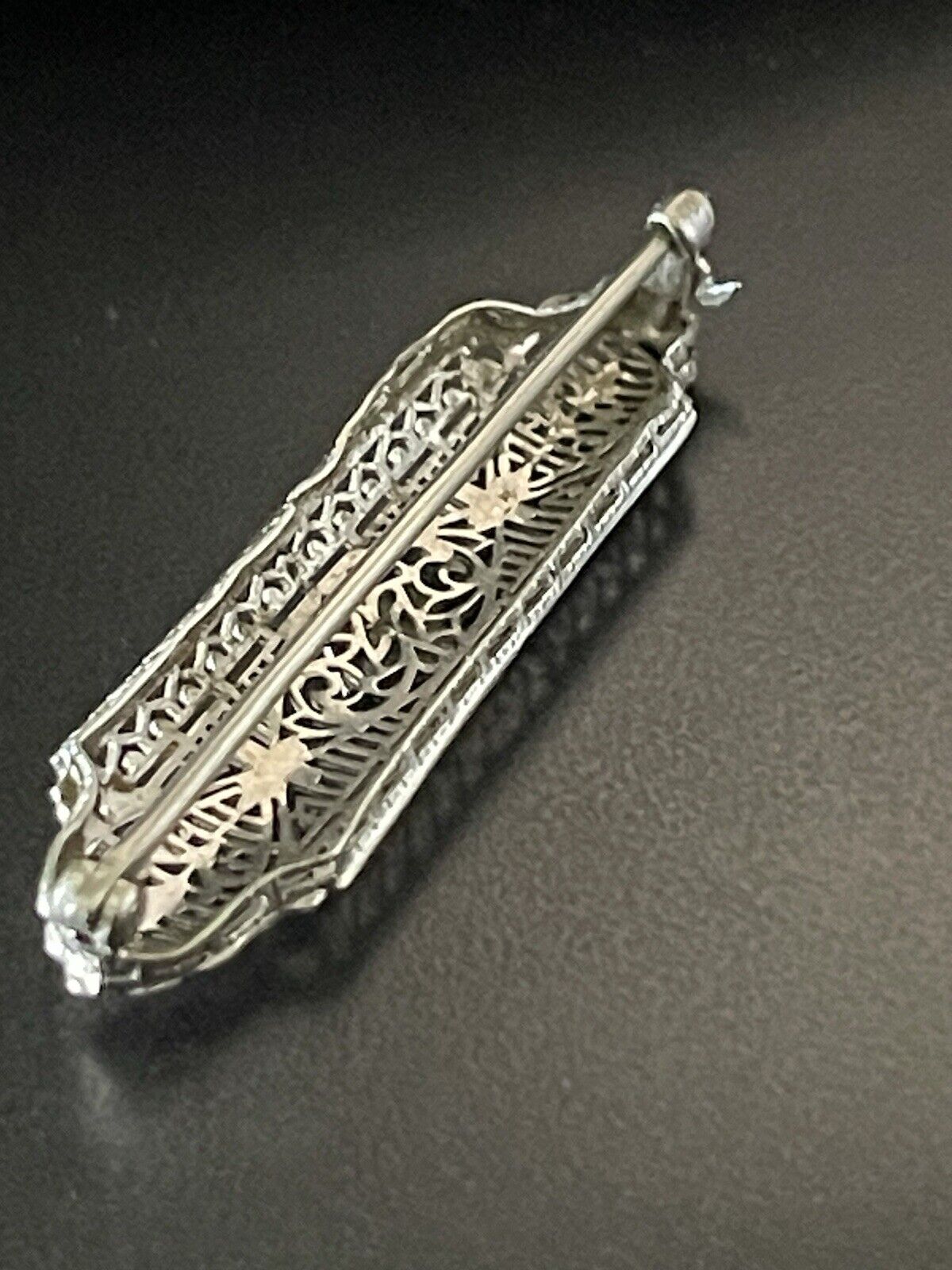 Antique White Gold Art Deco Brooch filigree bar W… - image 3