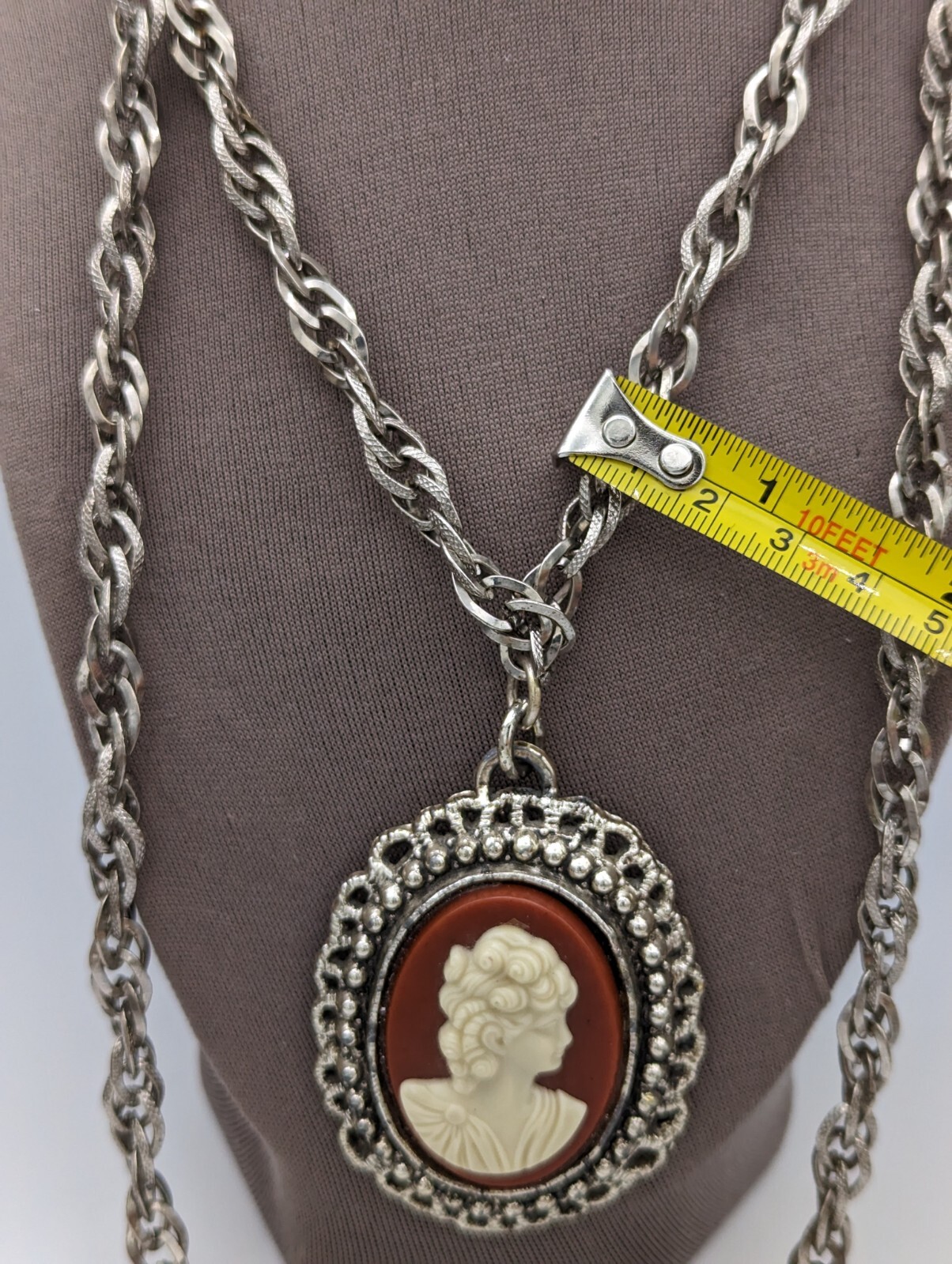 Vintage Cameo Large Chain Silver Tone Necklace - image 13