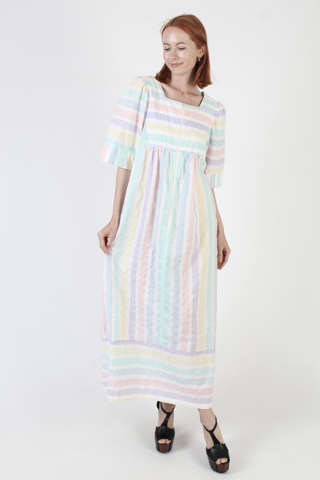 Vtg Zip Up Lounge Bell Slv Caftan Rainbow Pastel … - image 3