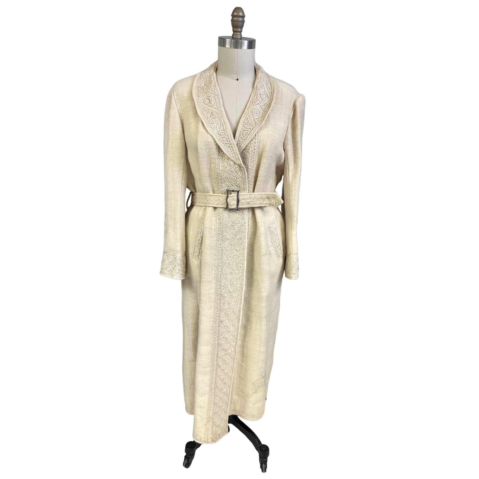 Antique Handwoven Wool Coat Edwardian Cream Embro… - image 1