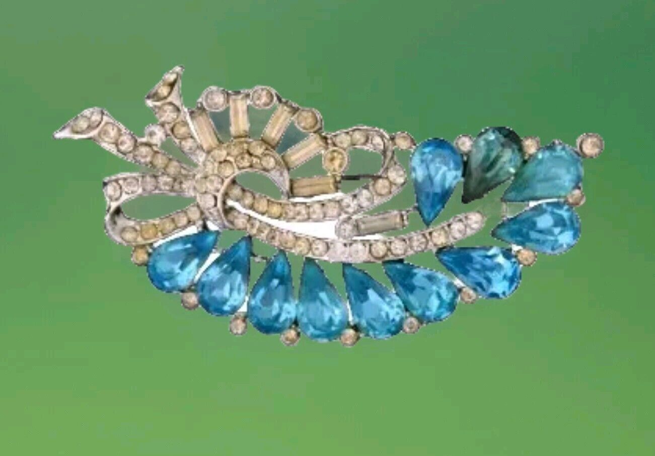 Vintage Aqua Blue / Clear Rhinestone Brooch - image 1