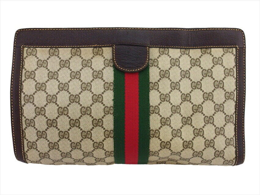 GUCCI Clutch Bag GG Plus Beige PVC x Leather Auth… - image 2