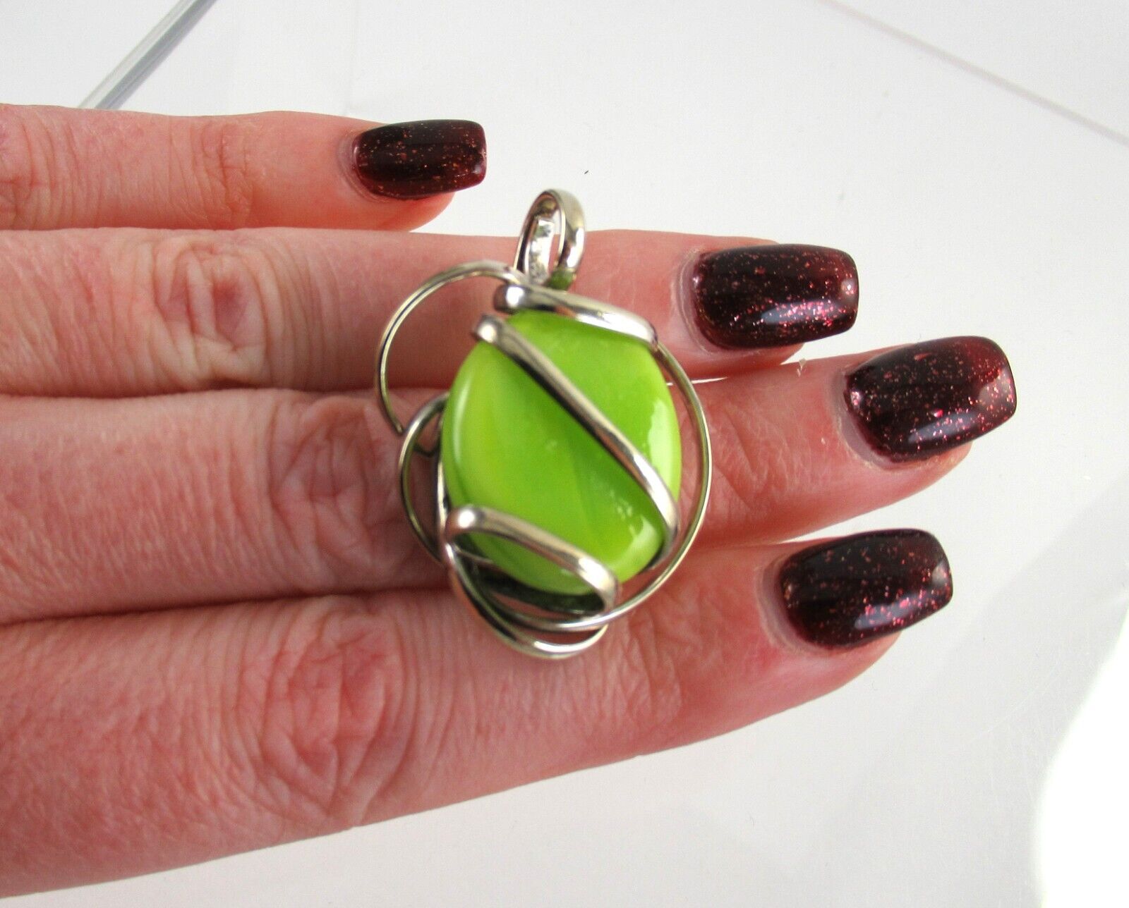 .925 Sterling Silver Lime Green Jasper Pendant Re… - image 2