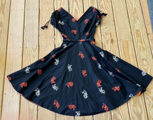 1950’s Revival Rooster Print Dress Vintage Full S… - image 1