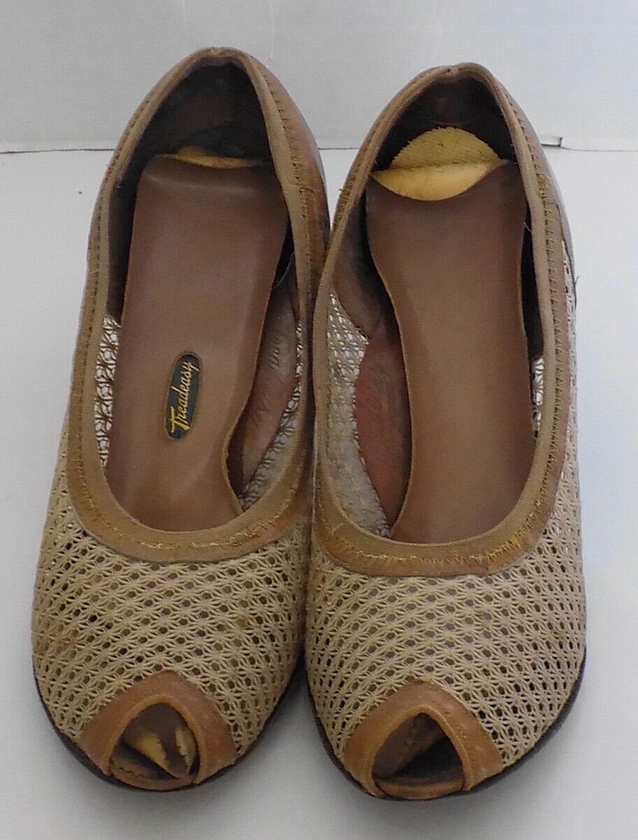 Vintage 40s 50s Light Brown Leather Mesh Peep Toe… - image 2