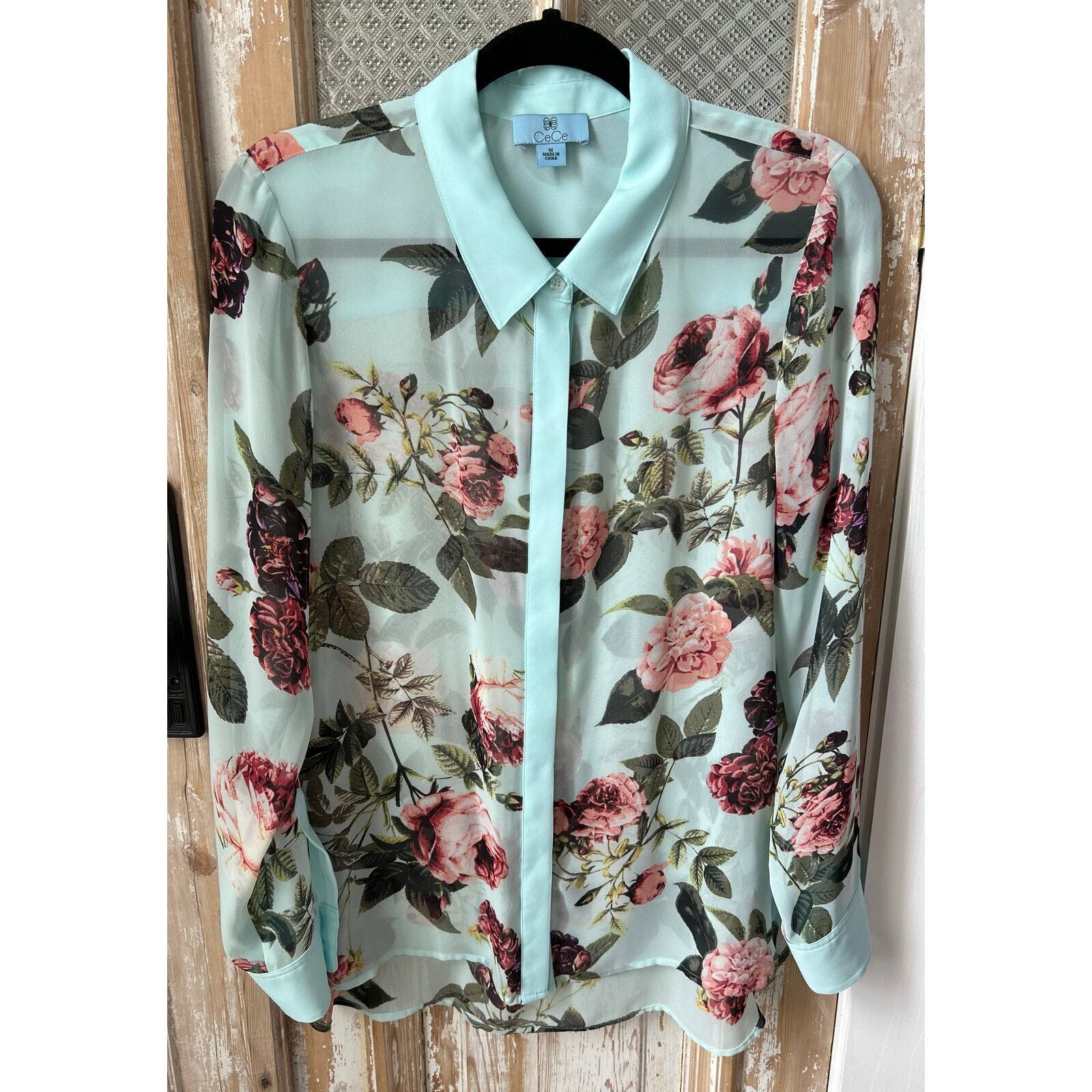 Women CeCe Blouse, Floral, Blue, Sheer, Size M - image 1