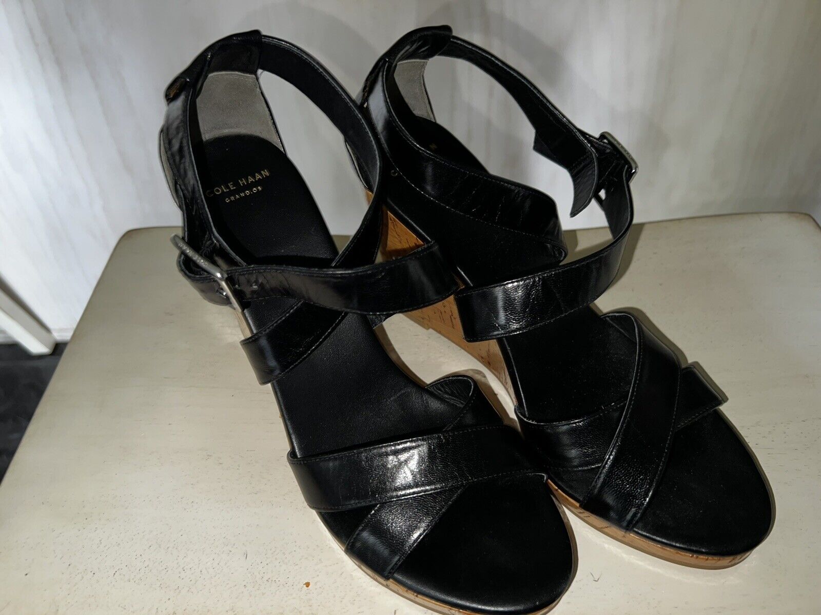 Cole Haan Black Leather Strappy Wedge Size 9B - image 2