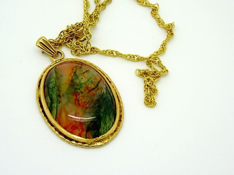 9ct Yellow Gold Moss Agate 80's Pendant + 9ct Cha… - image 9