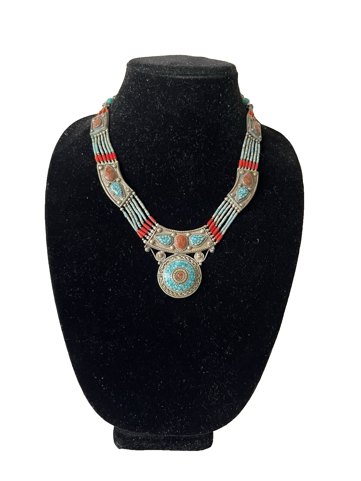 Vintage Tibetan Silver Necklace with Coral and Tu… - image 1