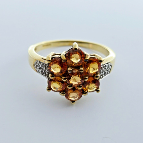 9ct Yellow Gold Ring Orange Sapphire X7 and Round… - image 1