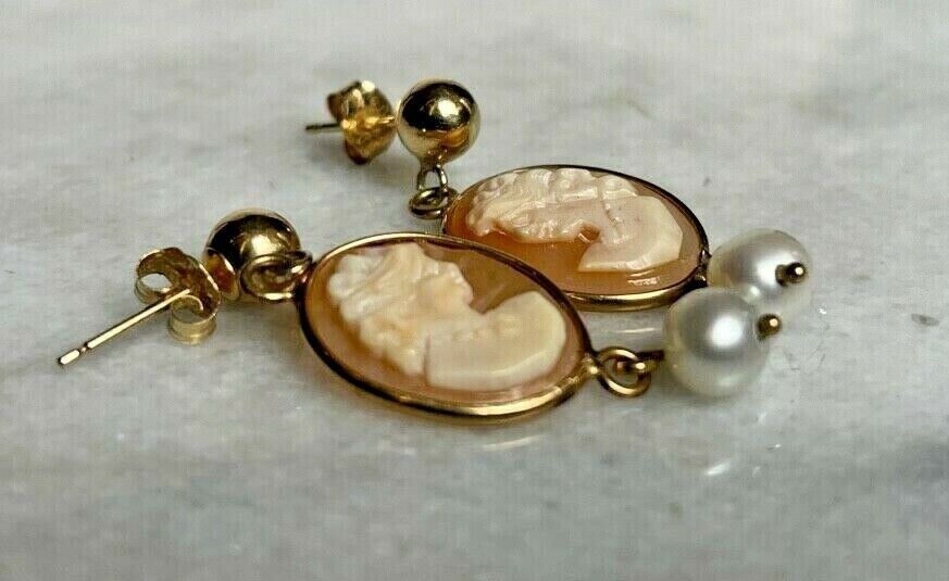 ELEGANT 14K YELLOW GOLD & PEARLS CAMEO EARRINGS - image 7