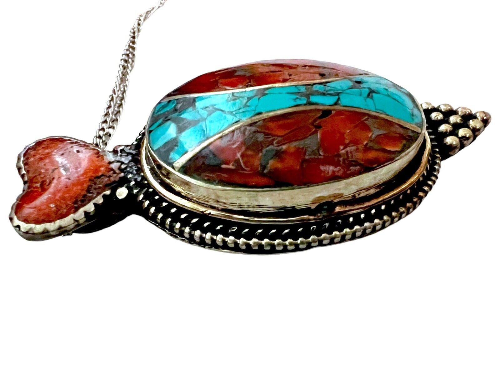 Sterling Silver Tibetan Turquoise & Coral 2 3/8” … - image 3