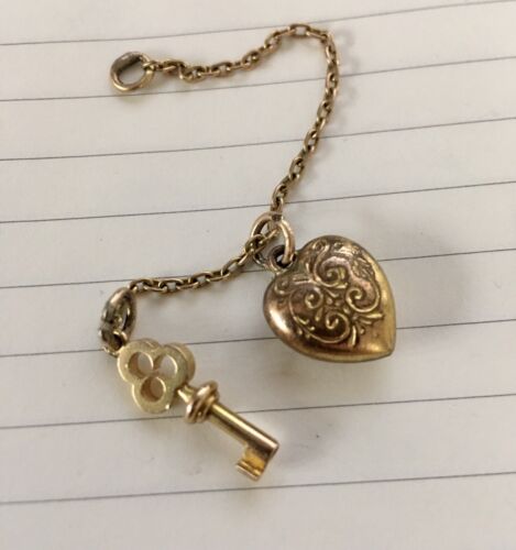 Vintage Gold Filled Puffed Heart & Key Charm On Ch