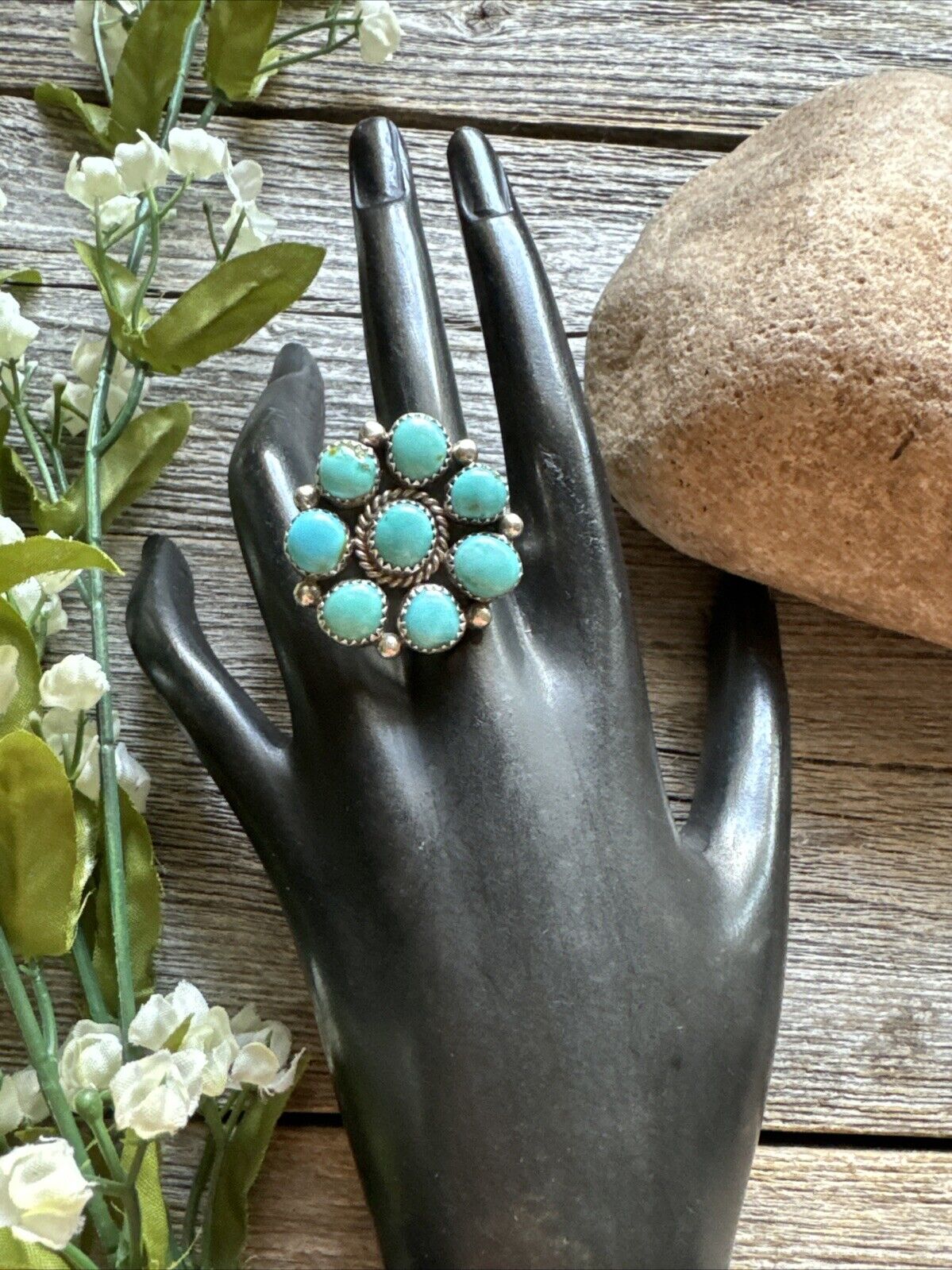 Navajo Sterling Silver Turquoise Cluster Adjustab… - image 7