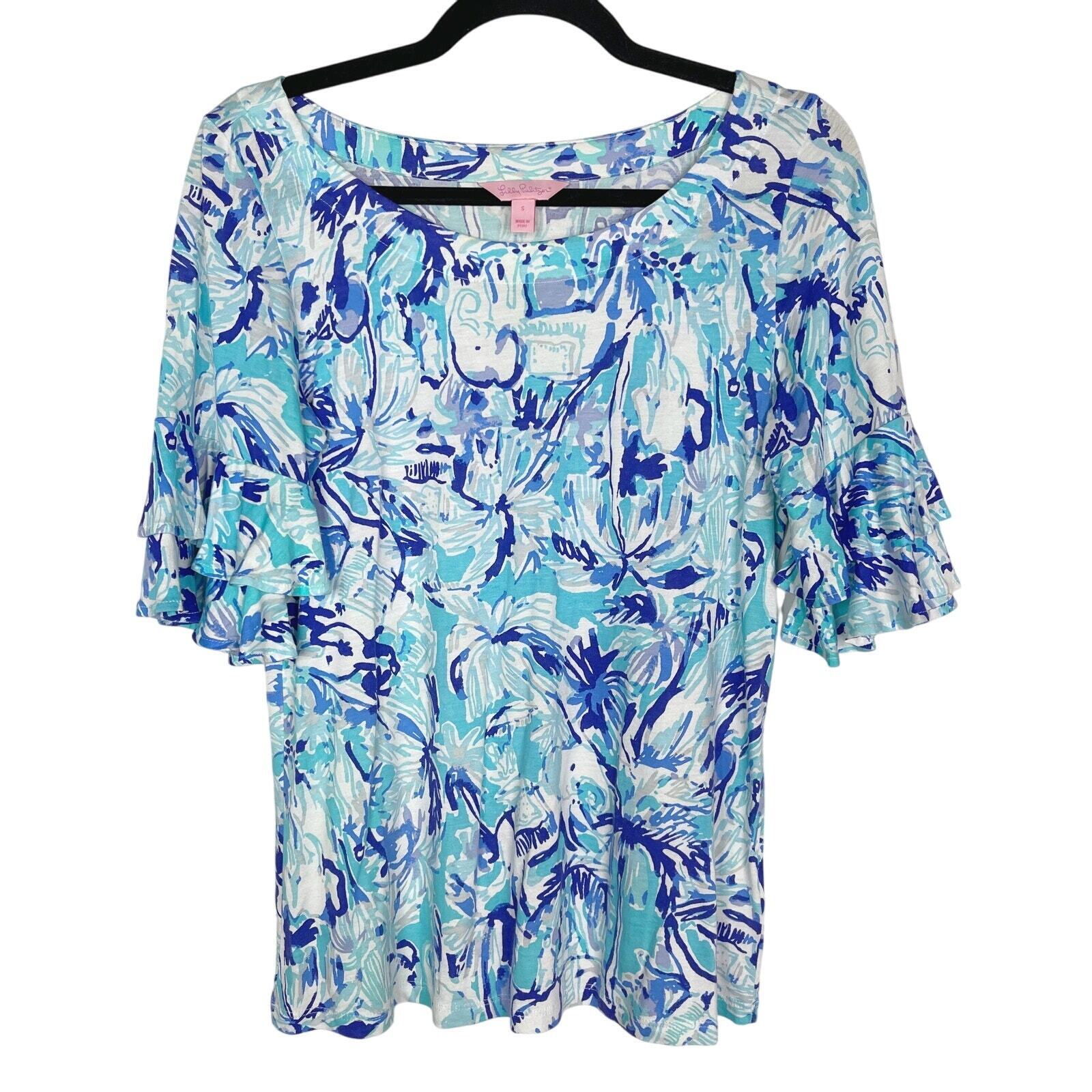 Lilly Pulitzer S Blue Lula Top Ruffle Sleeves Ele… - image 1