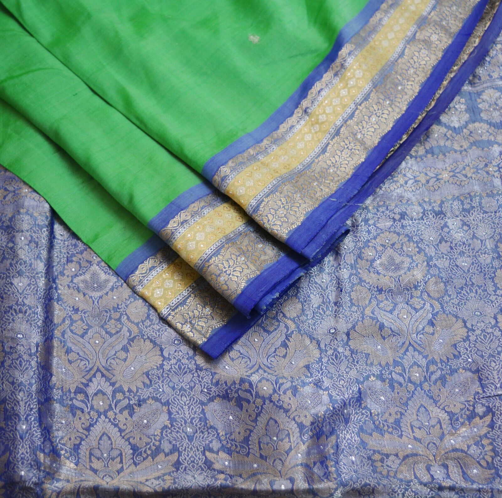 Vintage Heavy Saree Blue & Green Pure Silk Hand W… - image 7