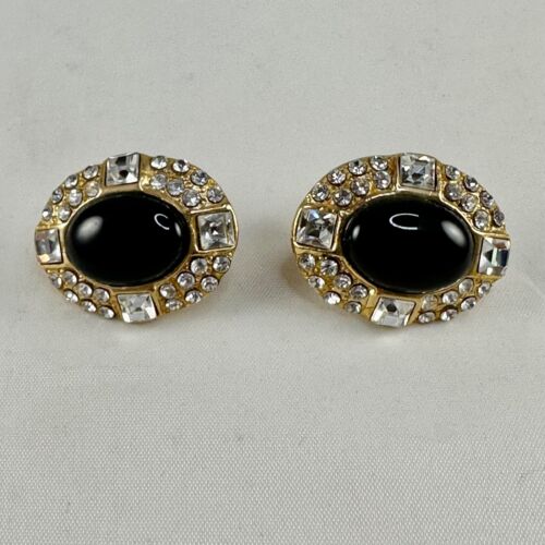 Vintage Earrings Large Rhinestone Black Cabochon … - image 1