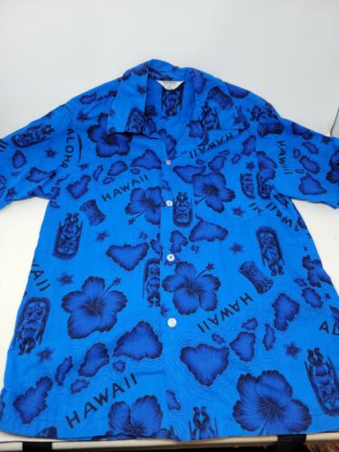 Vintage 1970s Hawaiian Shirt Blue Native Drum Tik… - image 1