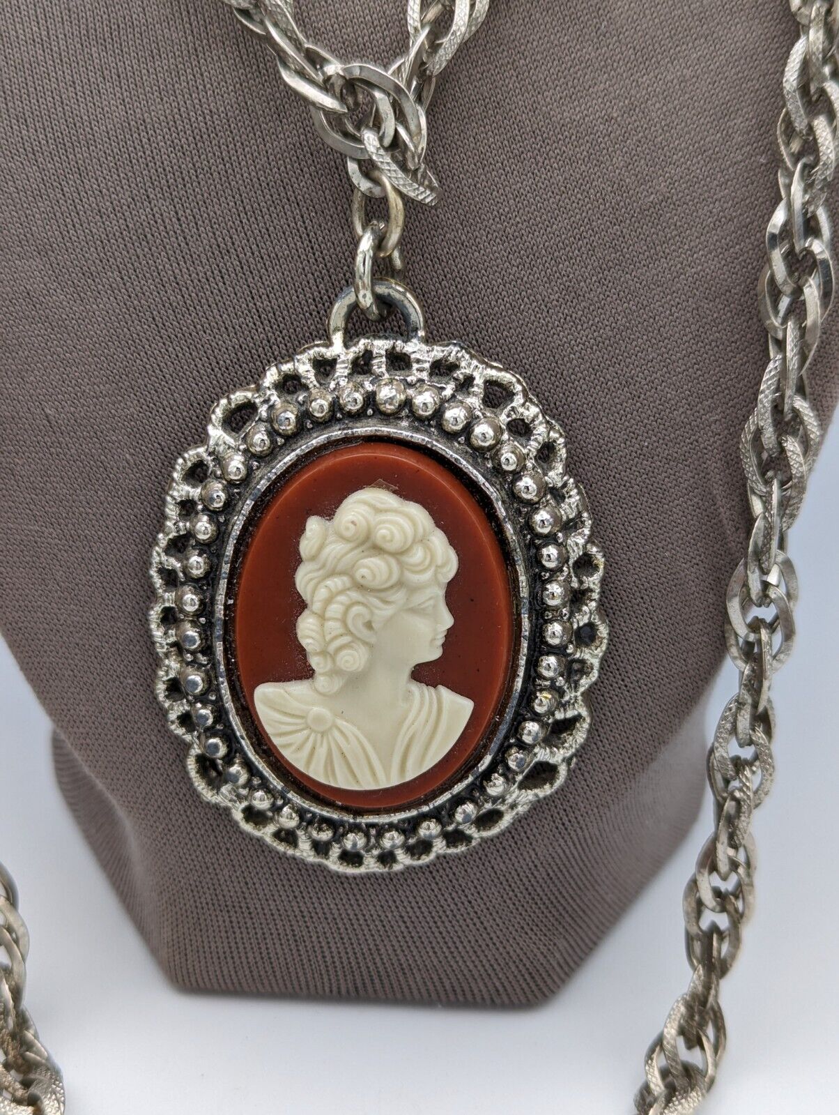 Vintage Cameo Large Chain Silver Tone Necklace - image 3