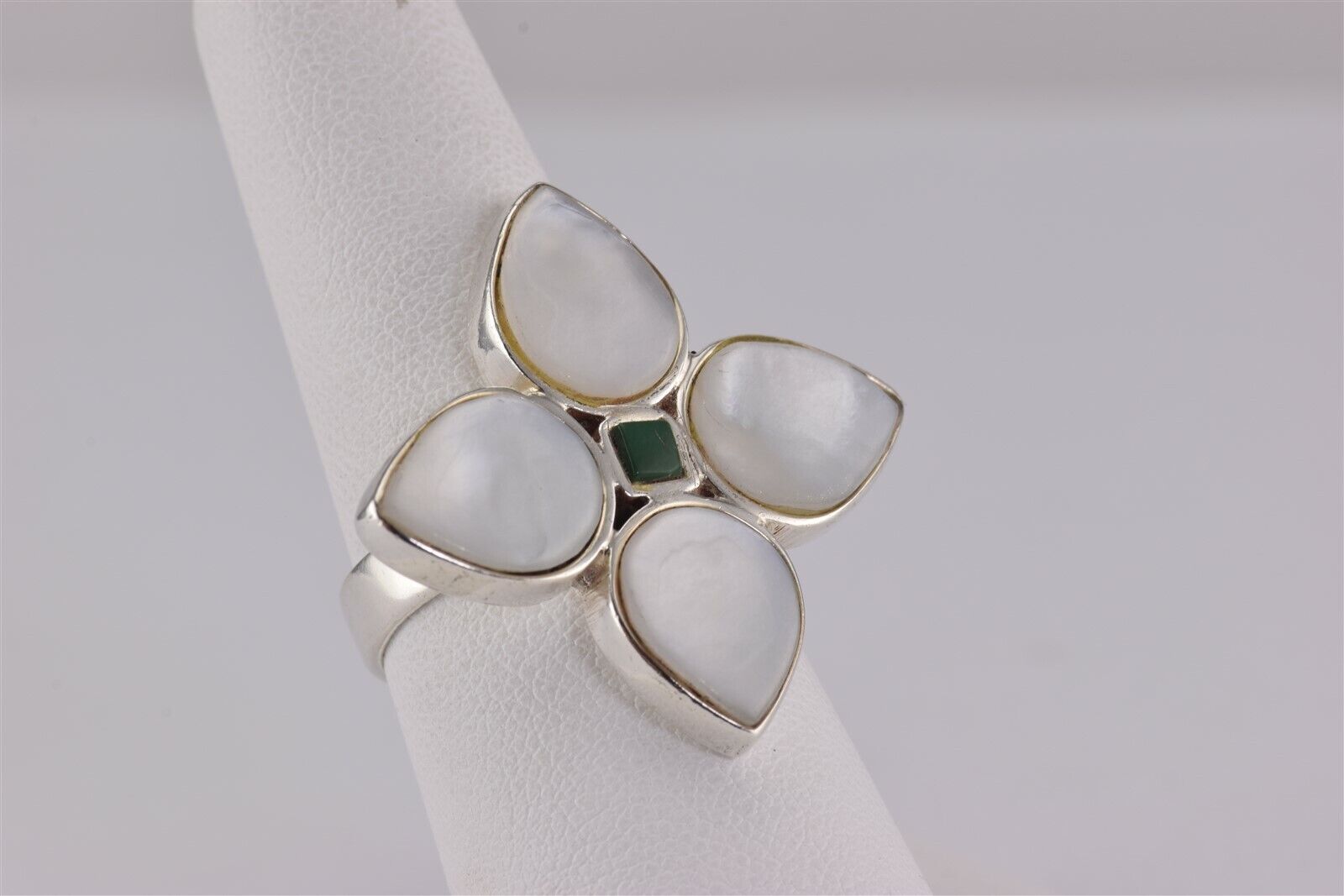 Sterling Silver Mother of Pearl Green Jade Flower… - image 2