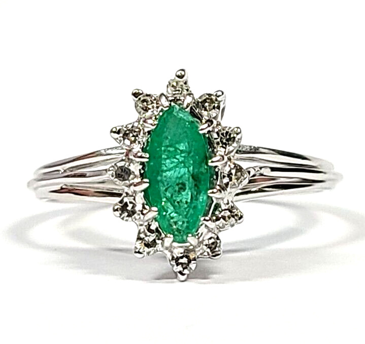 14k White Gold 1/3 Carat Green Emerald and Diamon… - image 1