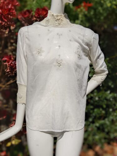 ANTIQUE EDWARDIAN EMBROIDERED COTTON BATISTE BLOU… - image 1