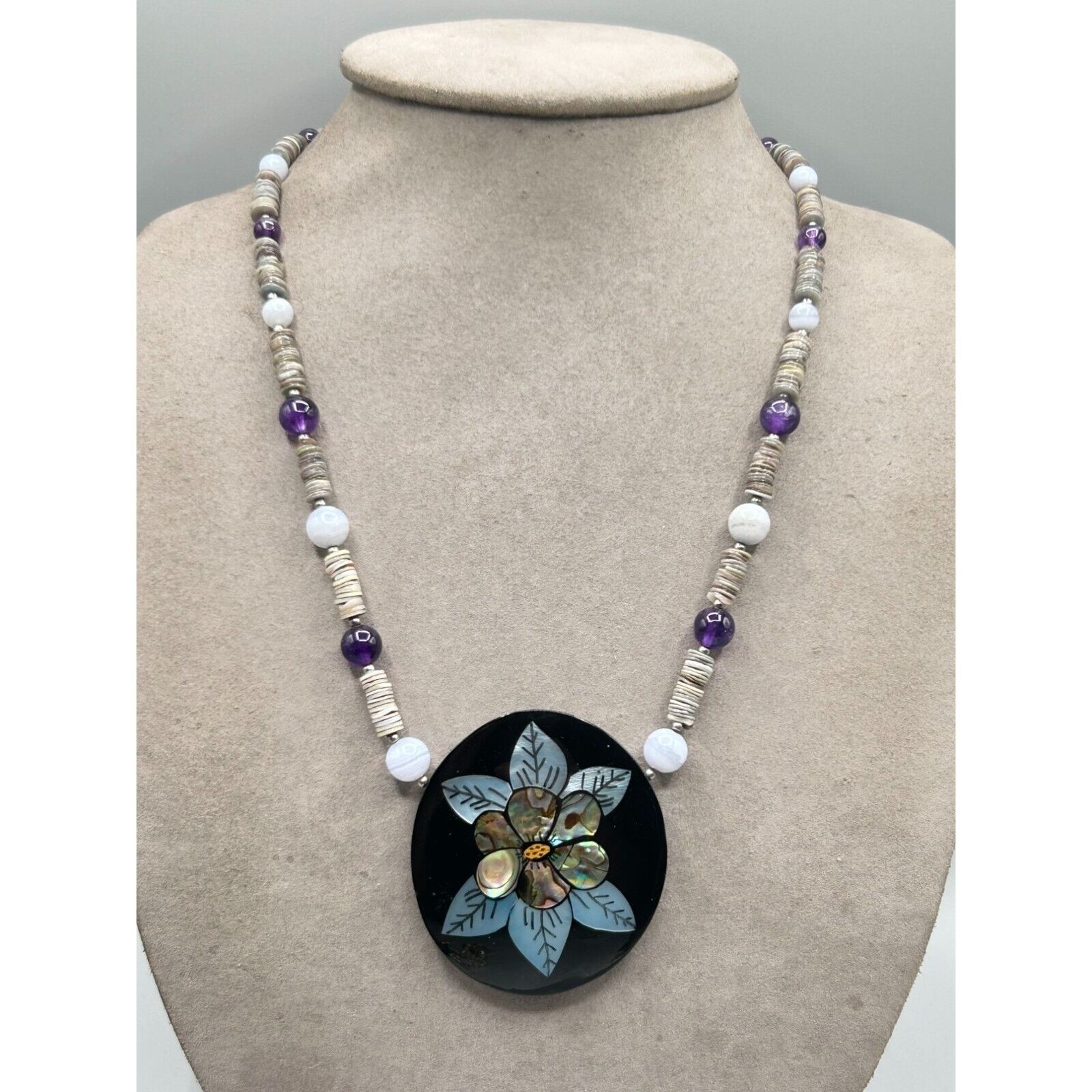 Vintage Flower Necklace Shell Inlay and Semi Prec… - image 2