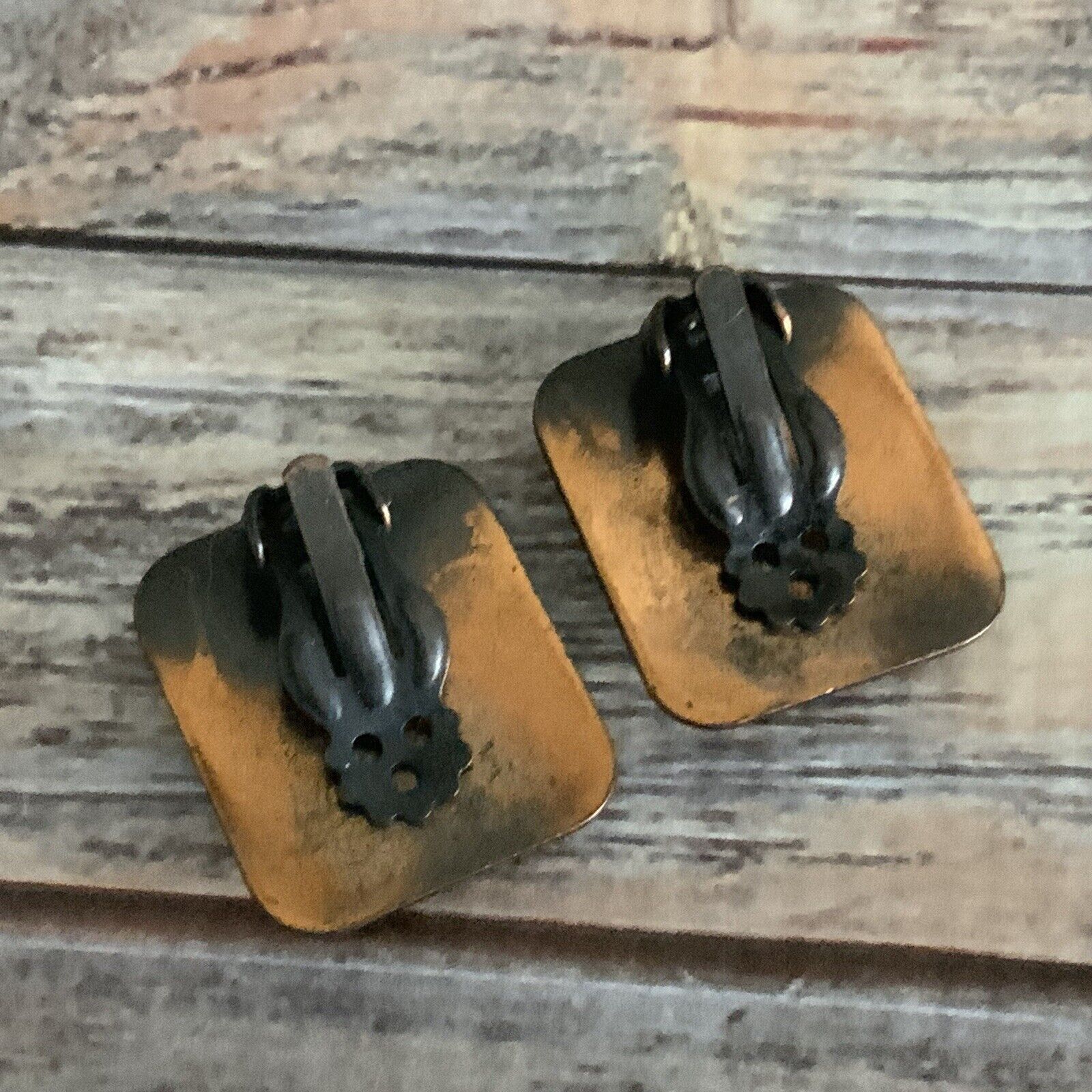 Vintage antique copper square clip on earrings mi… - image 4