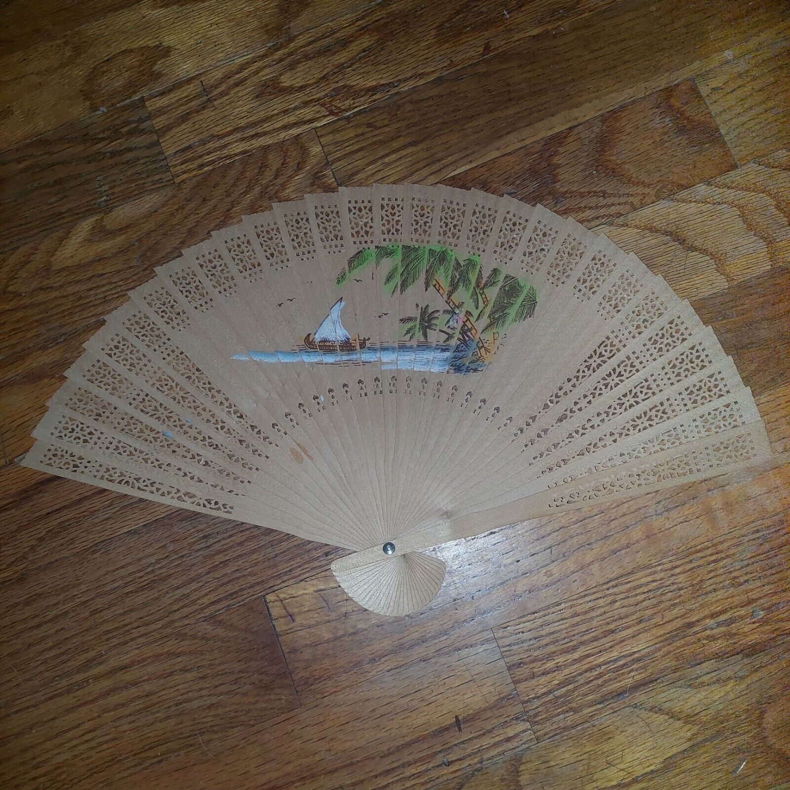 Vintage Hand Painted, Hand Carved Wooden Fan. - image 2