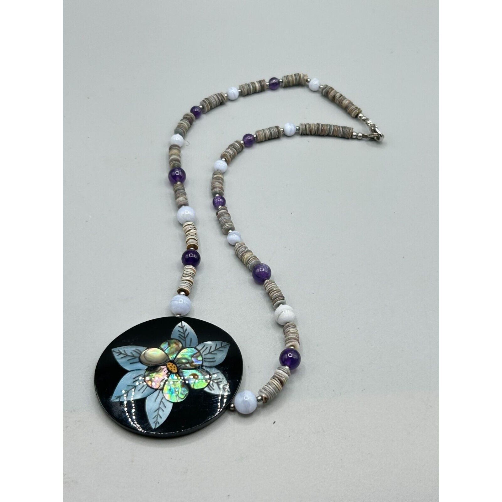 Vintage Flower Necklace Shell Inlay and Semi Prec… - image 10