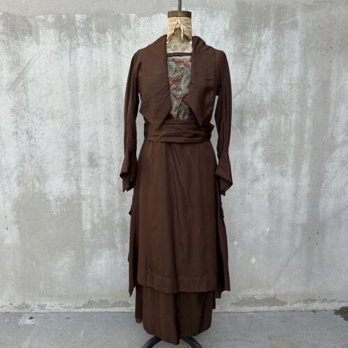 Antique 1910s Edwardian Brown Silk Dress Aesthetic