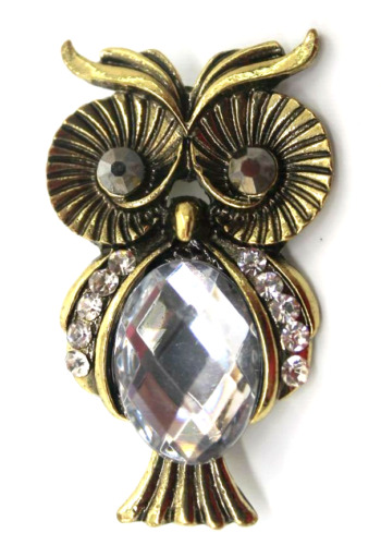 Big Center Rhinestone Owl Brooch Pin Pendant• Gol… - image 1