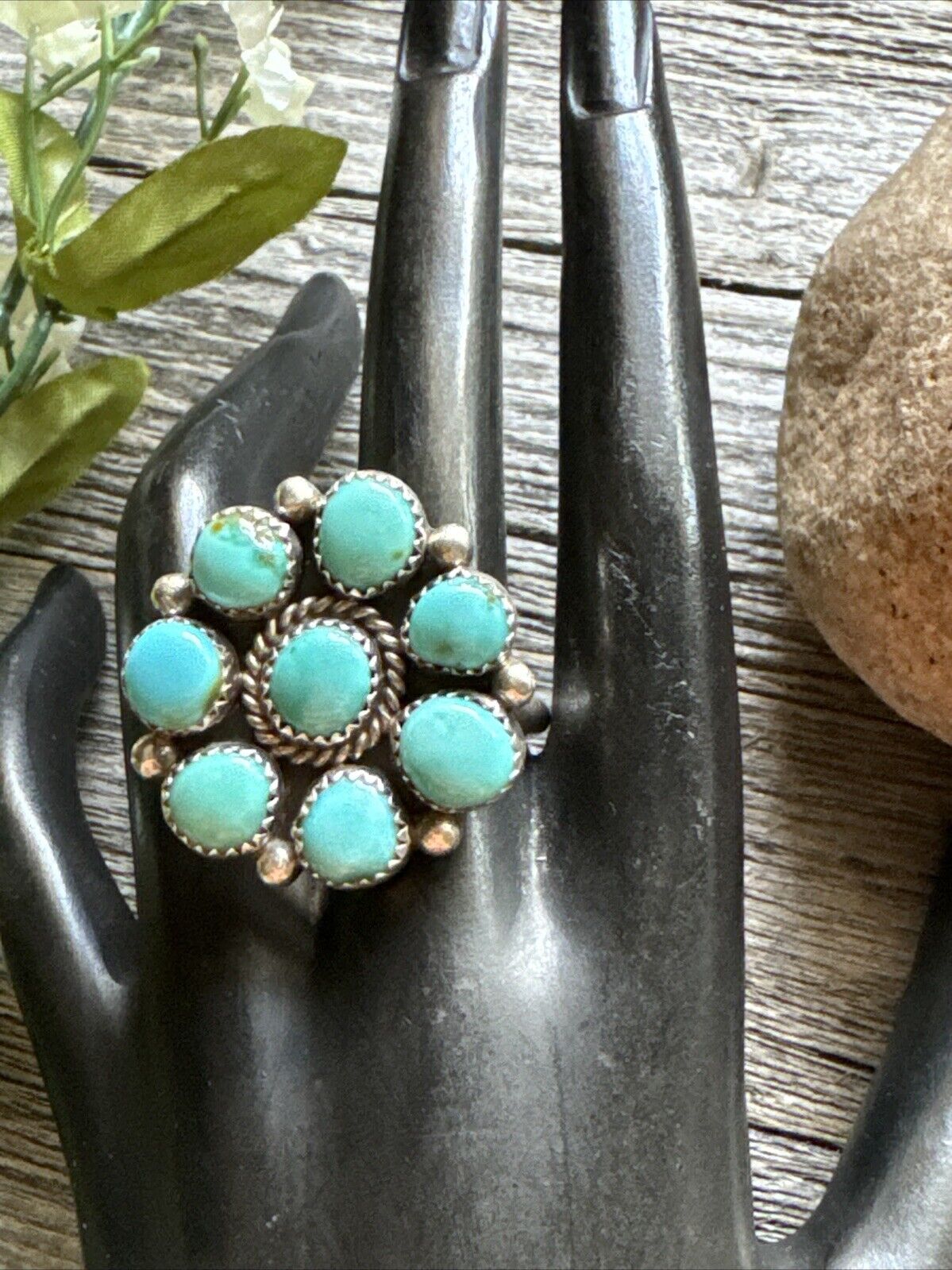 Navajo Sterling Silver Turquoise Cluster Adjustab… - image 5