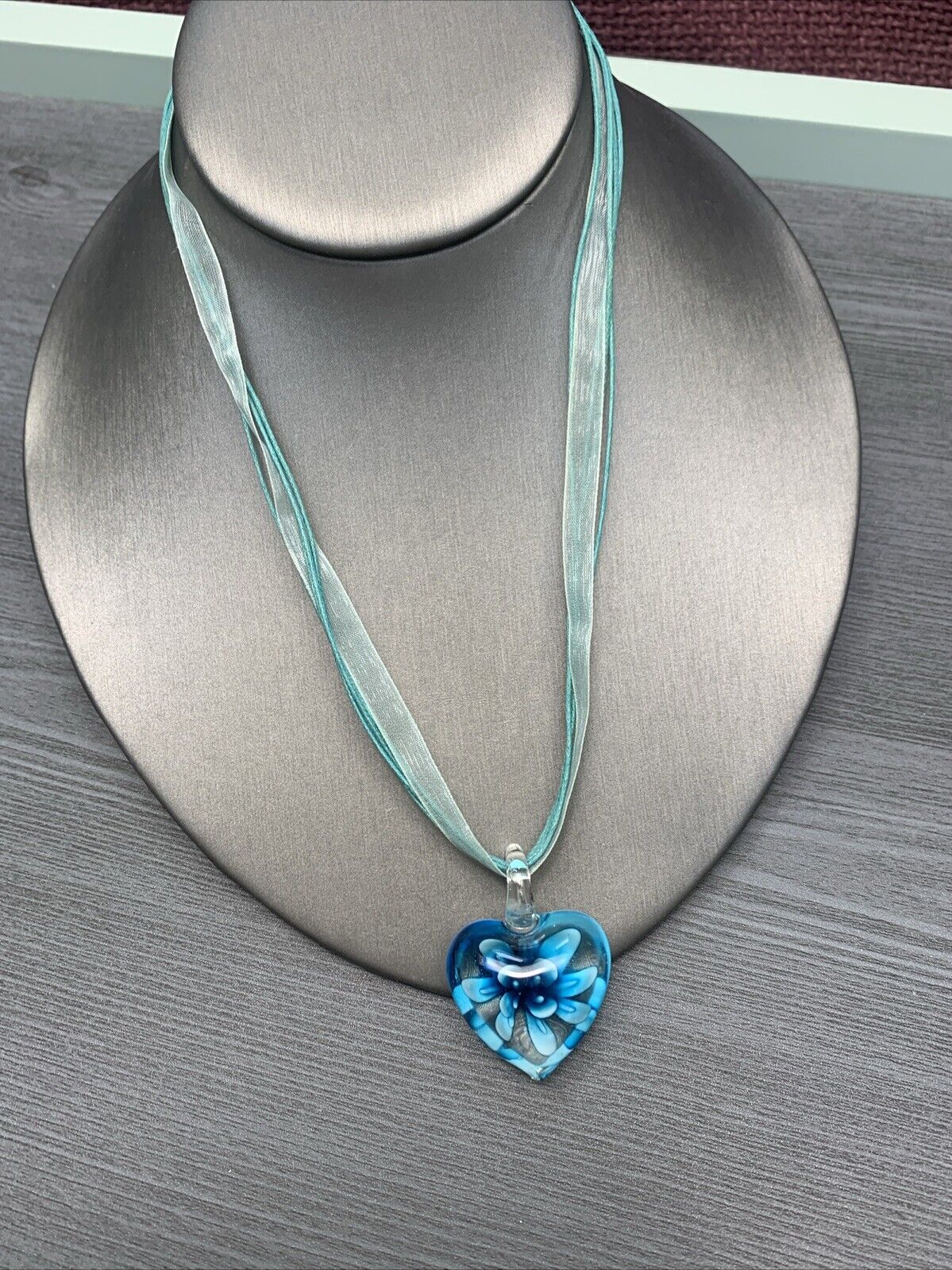 Vintage Blue Aqua Heart Art Glass Pendant Necklac… - image 6