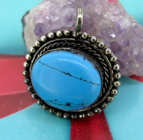 Vintage Sterling Silver Blue Turquoise Stone Pend… - image 1