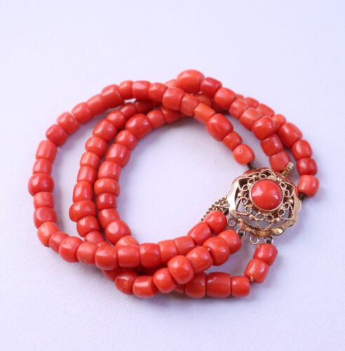 Vintage 3 Row Red Coral Bracelet Dutch Clasp 14k … - image 1