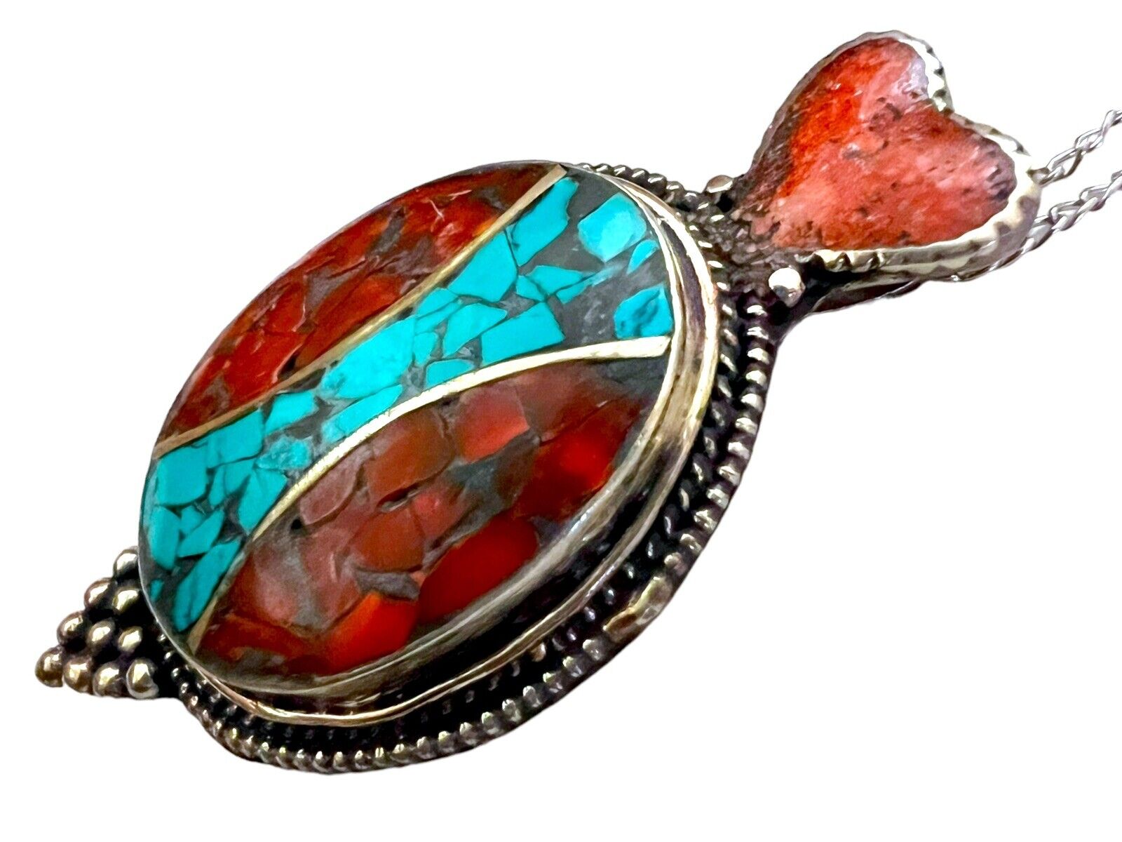 Sterling Silver Tibetan Turquoise & Coral 2 3/8” … - image 5