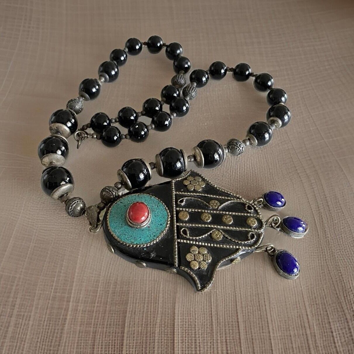 Vintage Nepal Tibetan Necklace Black Agate Ethnic… - image 4