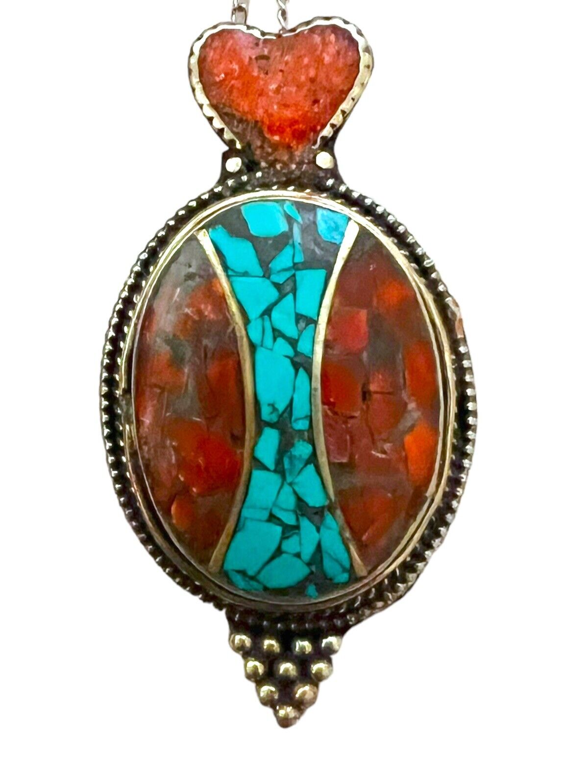 Sterling Silver Tibetan Turquoise & Coral 2 3/8” … - image 8